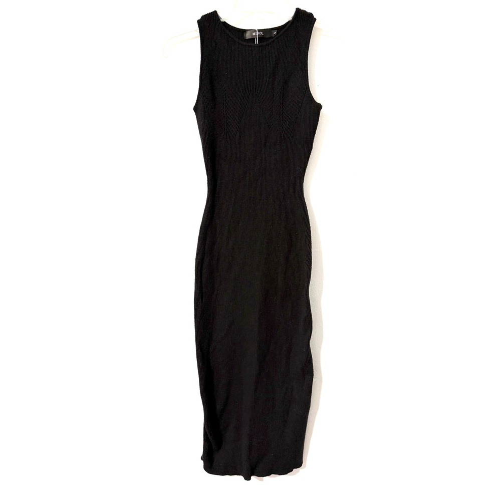 Mirol Black Sleeveless Ribbed Knit Bodycon Midi Dress Small Crew Neck Chevron